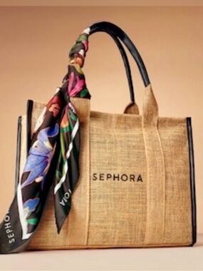 Sephora Natural Tan Jute Tote with Black Trim and Multicolor Floral Scarf